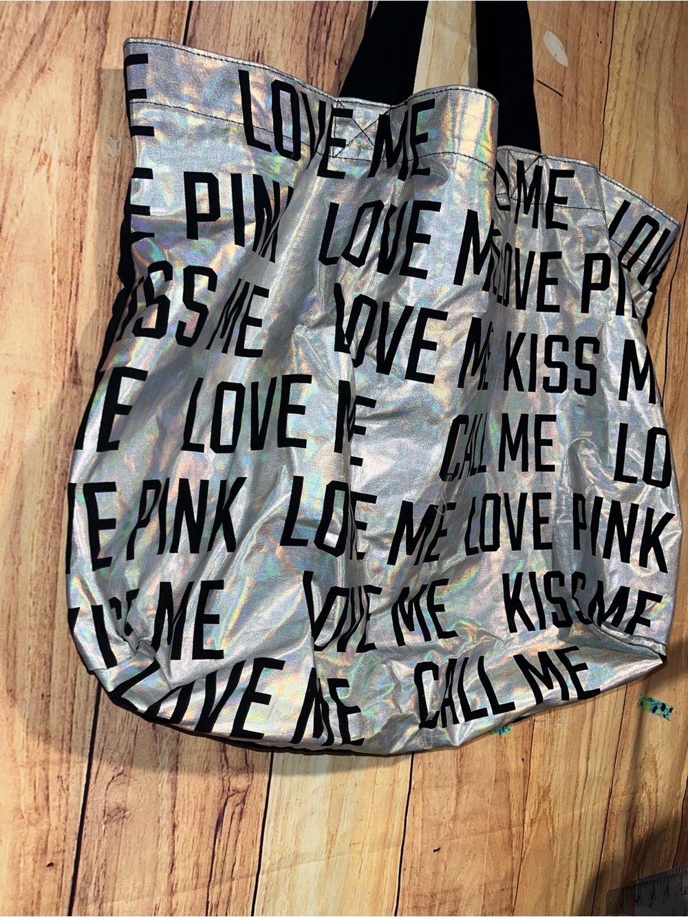 Victorias Secret Pink Holographic Kiss Me Love Me Beach Tote Book Bag - Picture 2 of 6